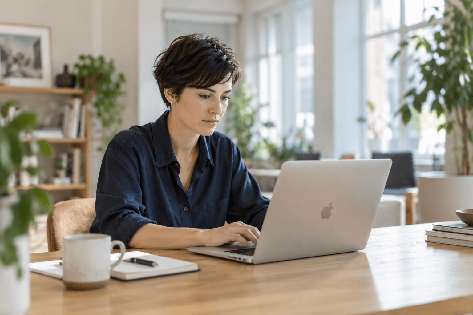 A modern professional working at a MacBook in a light office, AI-created editorial imagery