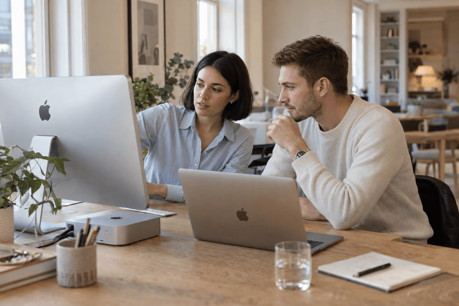 Two modern professionals collaborating at an Apple workstation in a bright studio office